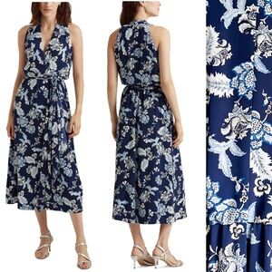Lauren Ralph Lauren Midi Dress Navy Floral Preppy Twilight Royal Blue French 12